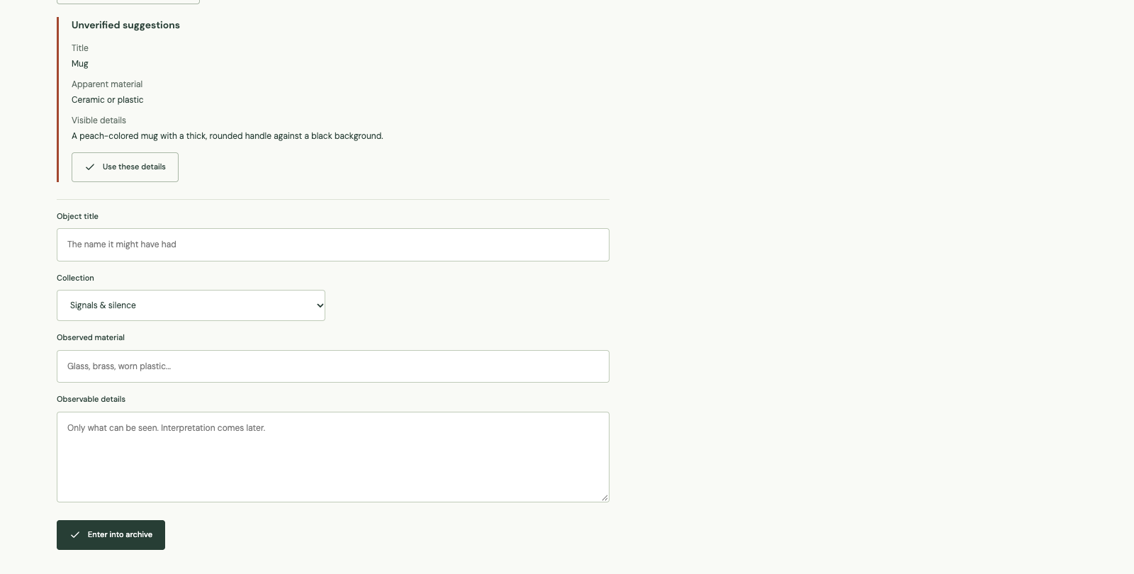 Gemini suggestions remain unverified until the curator chooses to use them.